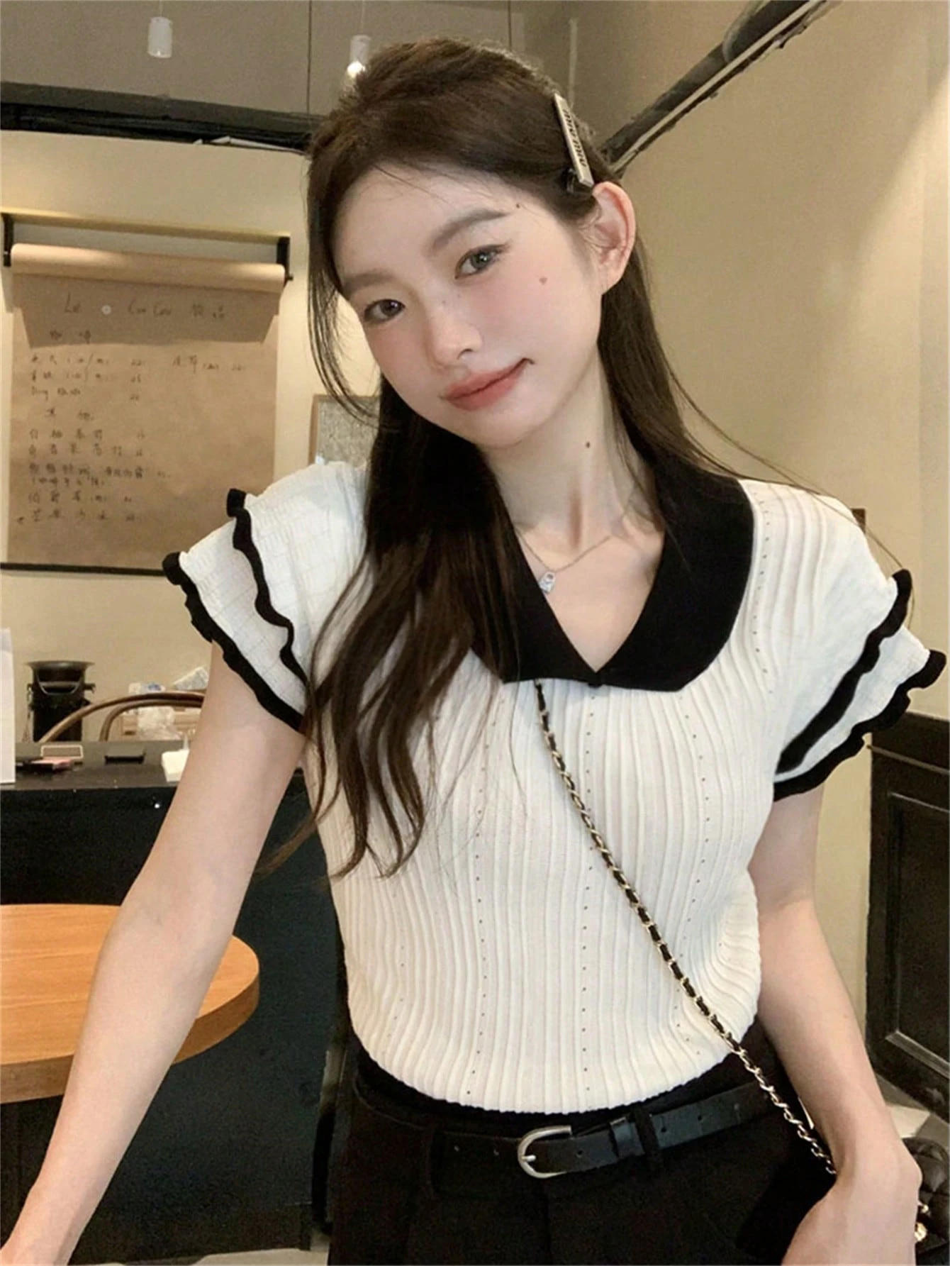 女士可爱优雅返校新款短袖针织毛衣，拼色马球领短款上衣