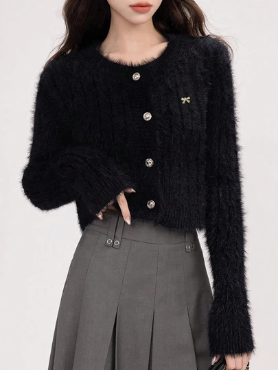 女士时尚短款保暖蝴蝶结多功能圆领长袖毛衣开衫针织外套秋冬街头潮流