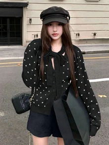 女士独特蝴蝶结灰色波点开衫毛衣，可单穿，黑色 - 黑色 - 查看 2