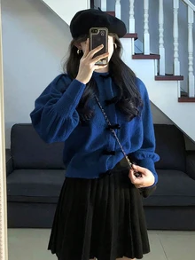 Áo dài tay kiểu đèn lồng dễ thương, ngọt ngào, nữ tính, thích hợp cho mùa xuân/đông và năm mới, phối cùng chân váy và giày, phù hợp cho các buổi hẹn hò đầu xuân/thu, công viên giải trí, các sự kiện tựu trường (Chỉ bán áo/áo khoác) Phong cách thường ngày - Màu xanh lam - Xem 3