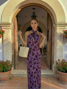 Vestido largo elegante de mujer con estampado floral diminuto, vestido de fiesta para playa con abertura en la espalda y detalle de nudo en el frente sin mangas para verano y vacaciones - Morado - Ver 5