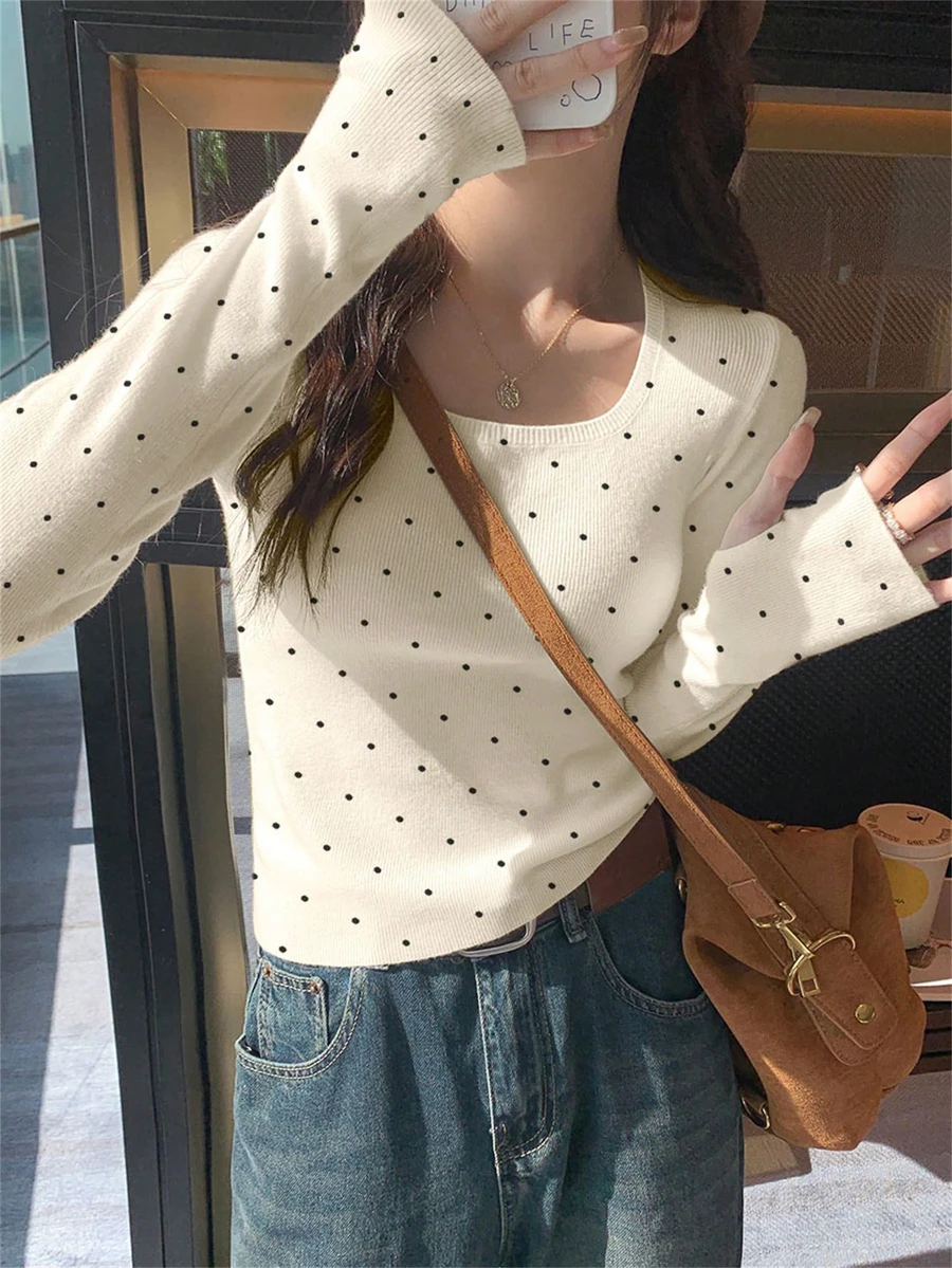 Cute Scoop Neck Polka Dot Sweater For Women, Apricot Color, Long Sleeve Pullover Top For Christmas & New Year, Autumn/Winter - Apricot - View 1