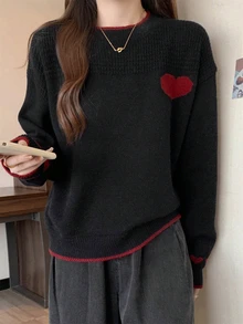 宽松圆领撞色爱心图案毛衣，女士秋冬款，圣诞毛衣，适合日常穿着和约会，长袖上衣，可爱 - 黑色 - 查看 2