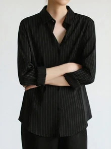 女士春夏前扣领长袖休闲宽松条纹衬衫 - 黑色 - 查看 4