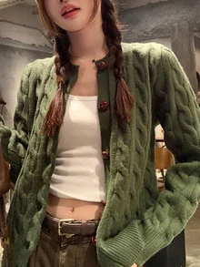 女士高端韩版长袖针织开衫复古纽扣秋冬圣诞绿日常约会通勤长袖上衣 - 綠色 - 查看 2