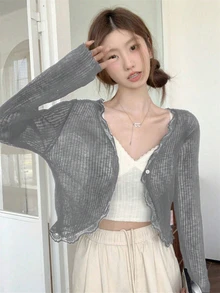 Women's Blue Lace Trim V-Neck Cover Up, Cute Back To School Summer Shawl Lightweight Outerwear - Dark Grey - View 2