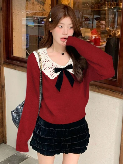 女士可爱彼得潘领针织毛衣，保暖柔软，带蝴蝶结，长袖套头衫，适合秋冬季居家、上学、通勤、外出等场合。