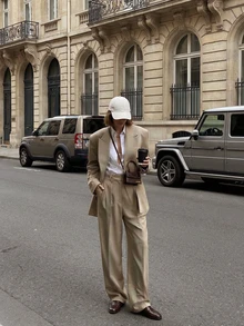 Casual Elegant Khaki Long Sleeve Blazer Jacket + Straight Leg Pants, Women 2 Pieces Set - Camel - View 7