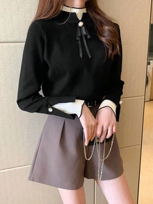 女式秋冬二合一高领针织毛衣，新款分层长袖上衣 - 黑色 - 查看 2