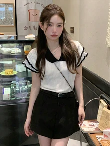 女士可爱优雅返校新款短袖针织毛衣，拼色马球领短款上衣