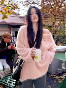 女式 V 领仿貂皮毛衣，柔软舒适宽松套头针织上衣，秋冬 - 粉色 - 查看 2