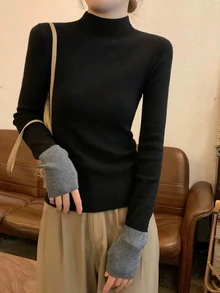 女士基本款拼色简约薄款高领套头衫黑色毛衣秋冬季日常装办公室长袖上衣 - 黑色 - 查看 2