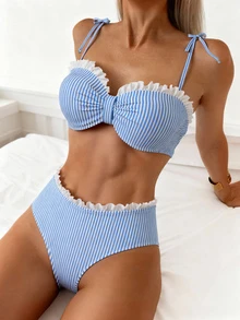 Đồ bơi một mảnh sọc xanh trắng cổ điển thời trang - Dây đeo có thể điều chỉnh + Quần lót cạp cao | Món đồ thiết yếu cho chuyến đi biển phong cách tươi mới - Xanh và trắng - Xem 1