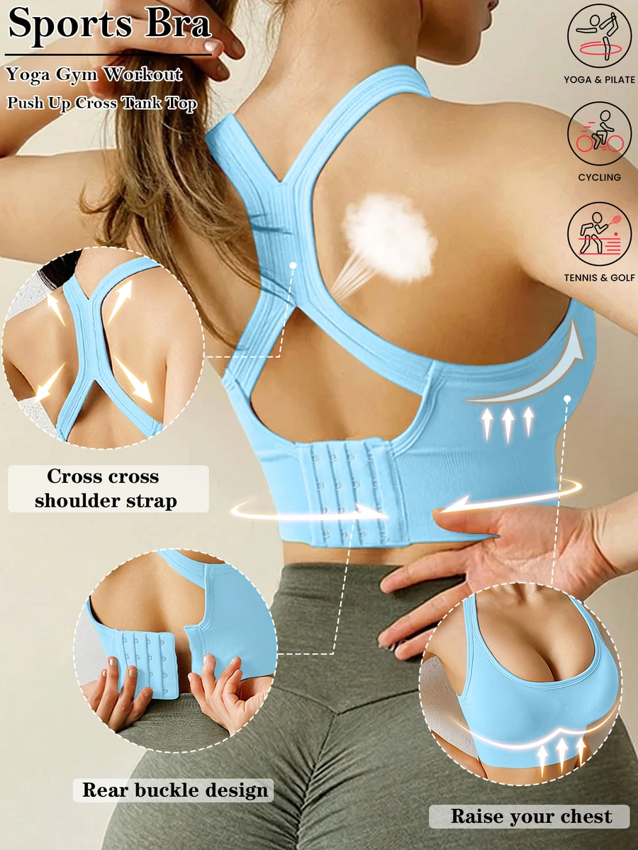 Yoga Sports Bra Wireless Gym Tops Underwear Cross Top Sports Tank Push Up Bras Hockproof Running Lingerie - Baby Blue - View 1