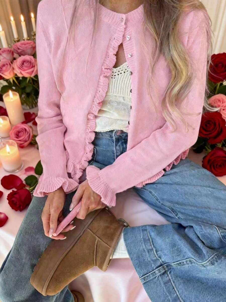 FOR BEAUTY Spring/Summer New Pink Lace Round Neck Floral Puff Sleeve Knit Sweater, Romantic & Soft Casual Style Suitable For Commuting