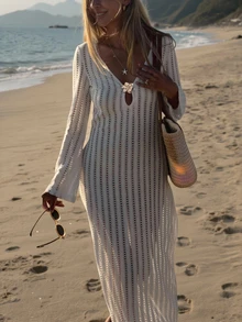 MORI 2026 Women's White Long V-Neck Tie-Front Knit Maxi Dress, Featuring Knit Fabric, Delicate Floral Button Tie Details, Relaxed & Casual, Romantic & Elegant Bohemian Style, Suitable For Beach Vacation, Island Travel, Summer Beach Picnic, Seaside Stroll, Afternoon Tea, Music Festival, Valentine's Day, Party And Other Occasions. - White - View 3