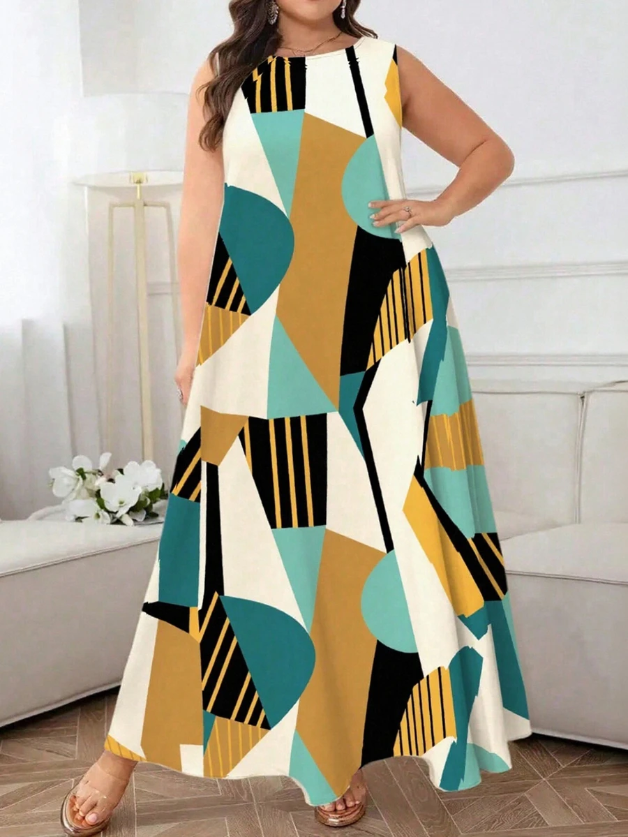 Váy du lịch dáng rộng không tay cổ tròn in họa tiết hình học thanh lịch cho nữ cỡ lớn