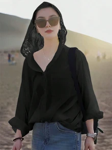 法式镂空钩针连帽长袖衬衫，宽松街头风格时尚优雅薄款女士衬衫，秋冬