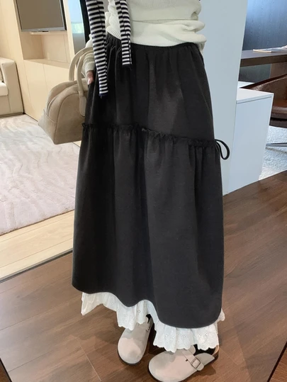 荷叶边花卉拼布A字裙，甜美设计，灰色，秋冬