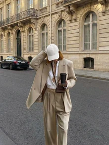 Casual Elegant Khaki Long Sleeve Blazer Jacket + Straight Leg Pants, Women 2 Pieces Set - Camel - View 6