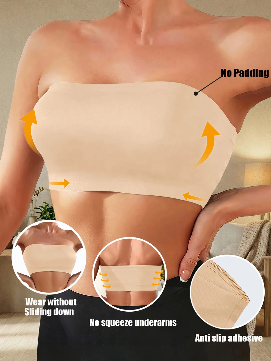 女士性感无肩带无缝抹胸文胸，无衬垫，无钢圈，露背设计，透气速干面料，适合搭配连衣裙和日常穿着。