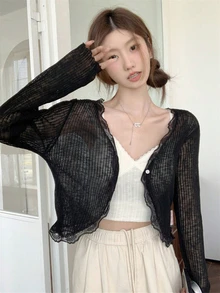 女士可爱蕾丝边V领罩衫毛衣，轻薄夏季披肩外套 - 黑色 - 查看 3