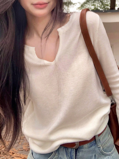 Women V-Neck Long Sleeve Slim Fit Knit Sweater For Fall/Winter, Simple Casual,Suitable For Daily, Commuting, Long Sleeve Tops