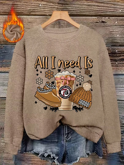 Women's Autumn/Winter Clothing: 7 Cups Of Coffee Pattern Print Round Neck Simple Casual Everyday Warm Faux Sweater Pullover; Warm Winter Coffee Lover Pattern Print Women's 2026 Winter Family Party Top; Iced Latte Holiday Print Cold Weather Soft And Comfortable Fabric Women's Autumn/Winter Clothing; Valentine's Day Cute Bow Pattern Print Autumn/Winter Outing Top.