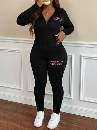Plus Size Women Letter Graphic Short Sleeve Zip Front Hoodie And Leggings 2 Pieces Casual Set