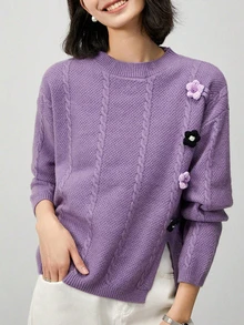 Áo nữ dệt kim xoắn họa tiết hoa 3D, kiểu dáng thời trang, ấm áp và thoải mái, thích hợp mặc hàng ngày, đi làm, ở nhà, mùa thu đông, tay dài, phong cách vintage. - Màu tím - Xem 2