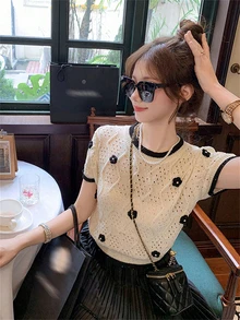 Áo dệt kim phong cách đường phố thanh lịch Hàn Quốc, áo thun ngắn tay phối màu hoa 3D ngọt ngào với thiết kế họa tiết, phù hợp cho mùa tựu trường, mẫu áo mới mùa hè, phong cách thường ngày. - Màu be - Xem 1