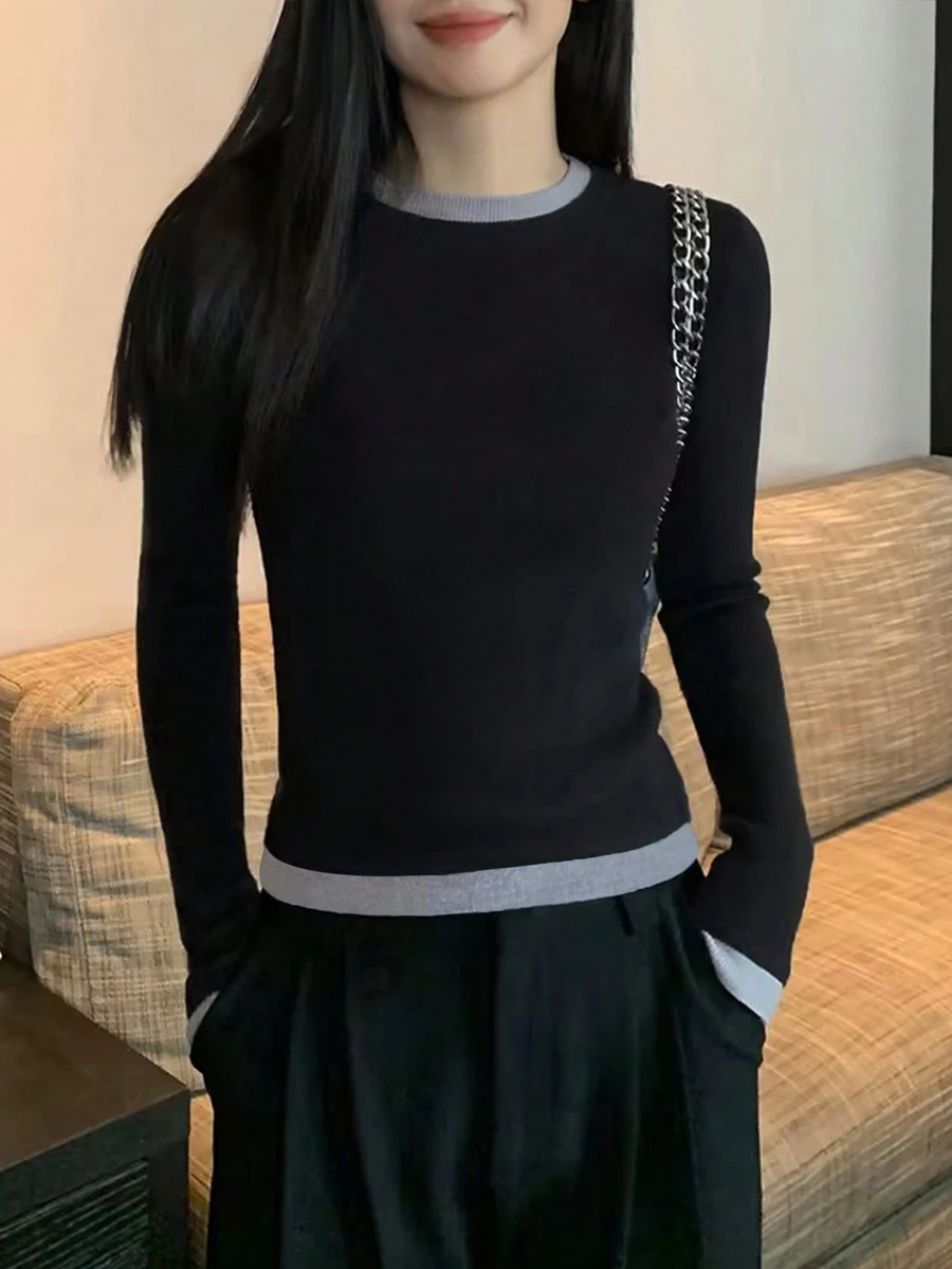 女士圆领修身薄款针织撞色毛衣，简约休闲，秋冬款，适合日常通勤，长袖上衣，黑色 - 黑色 - 查看 1