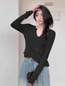 Áo len dệt kim cổ chữ V dài tay ôm vừa vặn cho nữ mùa thu/đông, đơn giản, giản dị, thích hợp mặc hàng ngày, đi làm, áo dài tay - Màu mực - Xem 2