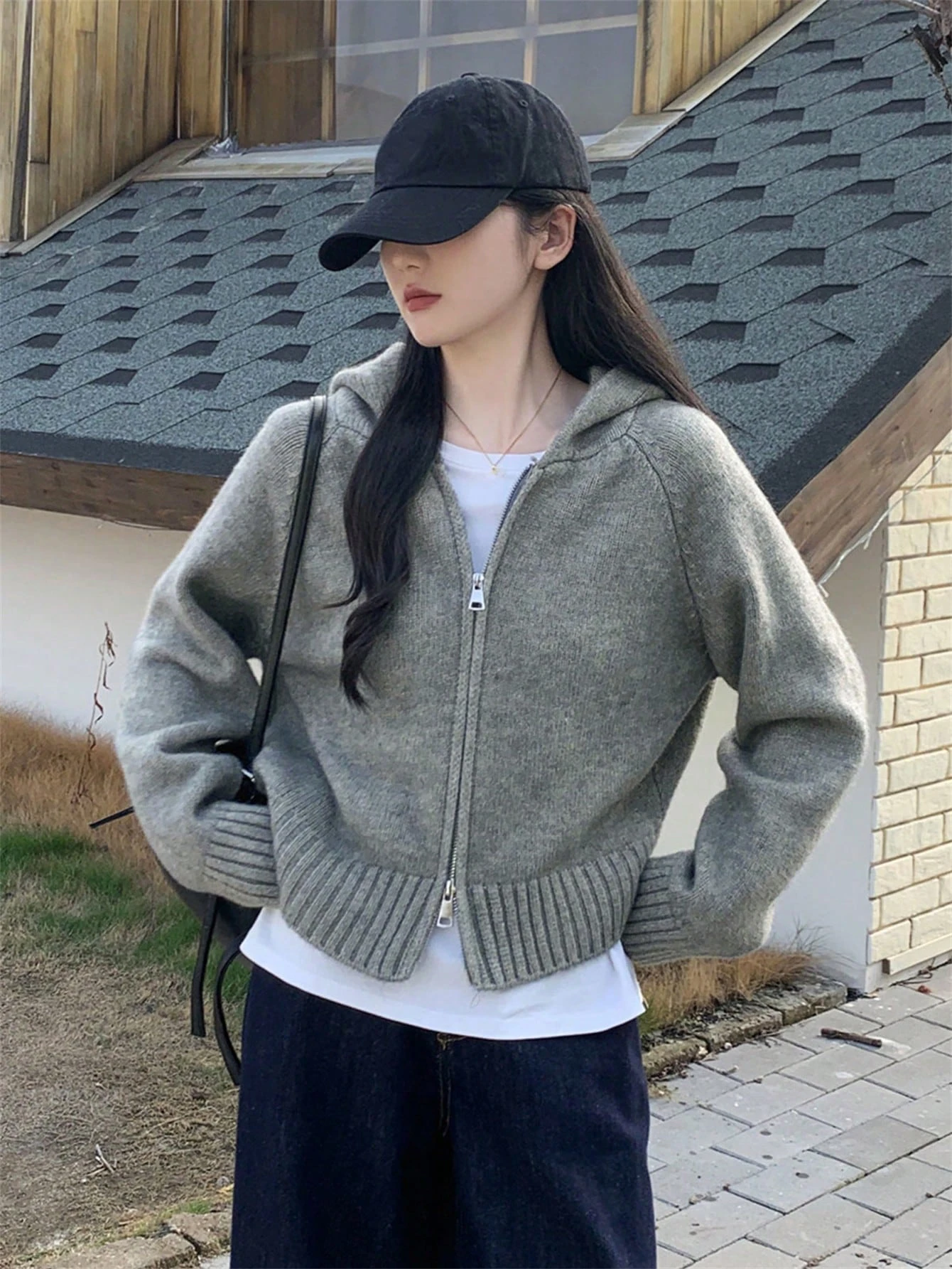 女款灰色雙拉鍊連帽針織開襟毛衣外套，復古寬鬆粗針厚款，秋冬保暖上衣，適合聖誕與新年 - 深灰色 - 查看 1