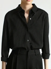 女士春夏前扣领长袖休闲宽松条纹衬衫 - 黑色 - 查看 2