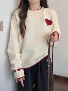 圆领宽松心形设计撞色毛衣，女式秋冬装，圣诞节毛衣，日常，约会，长袖上衣，可爱 - 杏色 - 查看 2