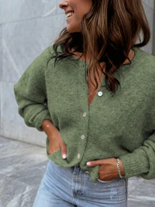 Sylvia Women's Solid Color Basic Minimalist Button-Up Round Neck Loose Soft Knit Cardigan, Suitable For Daily Commute, Work, Travel, Afternoon Tea, New Year - Green - View 1