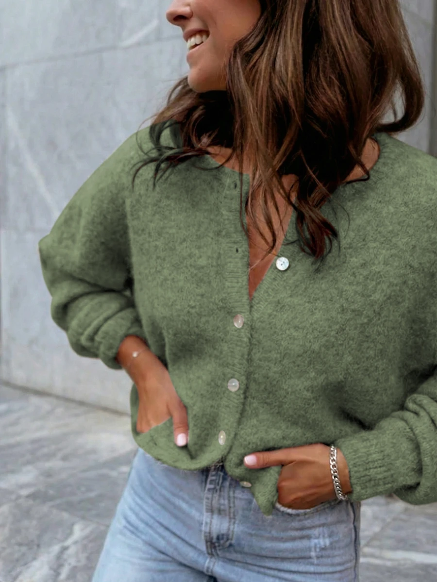 Sylvia Women's Solid Color Basic Minimalist Button-Up Round Neck Loose Soft Knit Cardigan, Suitable For Daily Commute, Work, Travel, Afternoon Tea, New Year - Green - View 1
