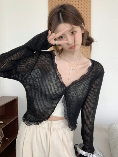 Women's Cute Lace Trim V-Neck Cover Up Sweater, Lightweight Summer Shrug Outwear