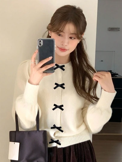 少女系列可爱早春新年蝴蝶结装饰外套灯笼袖长袖上衣秋冬早春搭配短裙小鞋子约会游乐园参观返校节