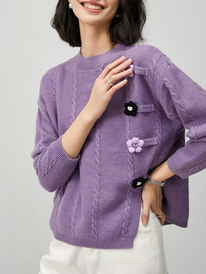 Women's Twisted Cable Knit 3D Flower Decor Going Out Tops, Fashionable Casual, Warm And Cozy, For Daily, Commuting, Home, Autumn Winter, Long Sleeve Tops,Vintage