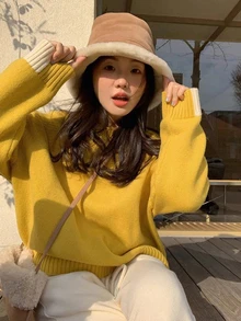 Suéter de cuello redondo de manga larga con parches de mujer, unicolor, para el hogar, uso diario, escuela, exterior, otoño/invierno, regreso a la escuela, casual - Amarillo - Ver 2