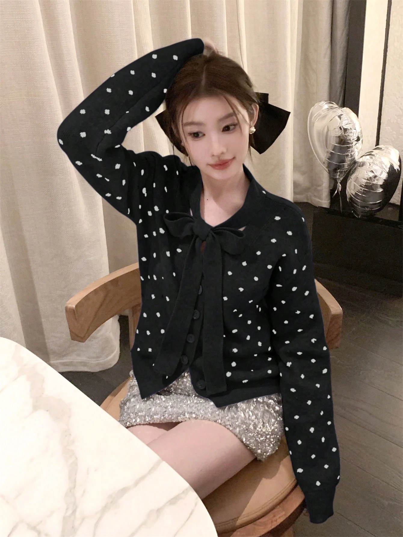 女士独特蝴蝶结灰色波点开衫毛衣,可单穿,黑色 - 黑色 - 查看 1