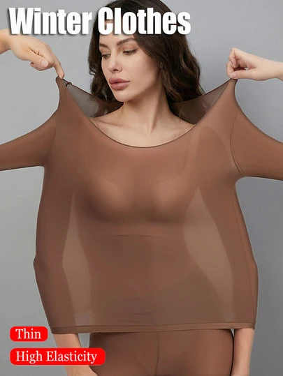 Women's Seamless Lace Thermal Underwear, Thin Long Sleeve Tops, Solid Color Warm Innerwear, Crew Neck, Skin-Tight, High Elasticity, Beige, Sheer Casual Solid Color Lightweight Warm Autumn/Winter Thin Base Layer Tops