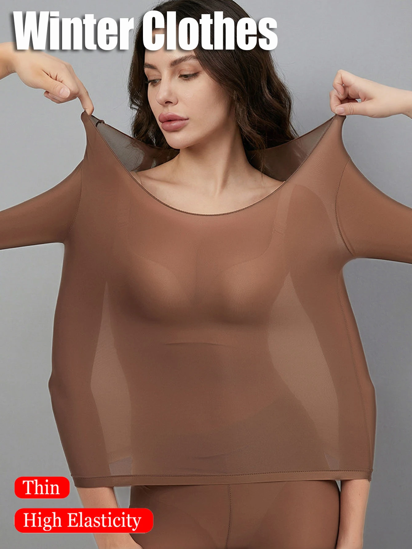 Women's Seamless Lace Thermal Underwear, Thin Long Sleeve Tops, Solid Color Warm Innerwear, Crew Neck, Skin-Tight, High Elasticity, Beige, Sheer Casual Solid Color Lightweight Warm Autumn/Winter Thin Base Layer Tops