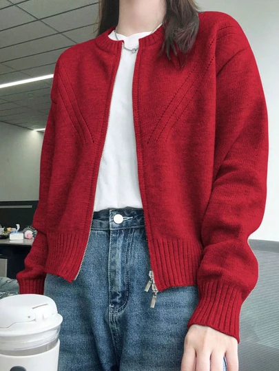 Christmas & New Year Red Casual Slim Fit Round Neck Zip-Up Knitted Cardigan Short Jacket For Women, Autumn/Winter