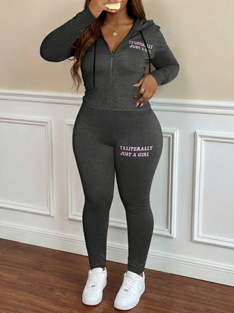 大码女式字母图案拉链连帽上衣和打底裤休闲两件套