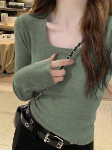 Women's Light And Simple Korean Square Collar Long-Sleeved Top Design With A Thin Bottom Sweater, Spring New Style, Home Commuting Dating Street,Modes