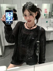 Korean Style Casual Versatile Gray Hollow Out Long Sleeve Cable Knit Sweater For Women, Lightweight Loose Pullover Top Suitable For Early Autumn, Layering - Black - View 2