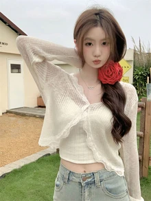 女士蓝色蕾丝边 V 领罩衫，可爱返校夏季披肩轻便外套